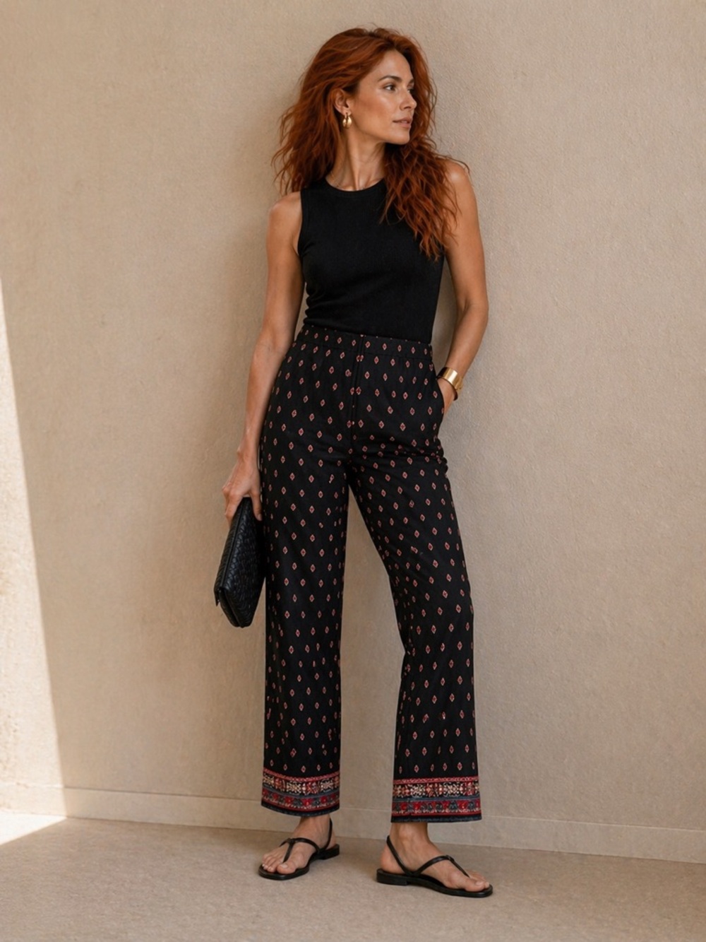 NWT J. Jill Slim Ankle Pants Womens Petite M-  Black Red Print Stretch